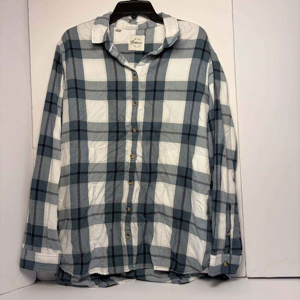 Jachs‎ Girlfriend Womens XXL Plaid Button Down Shirt Blue Grey White Long Sleeve